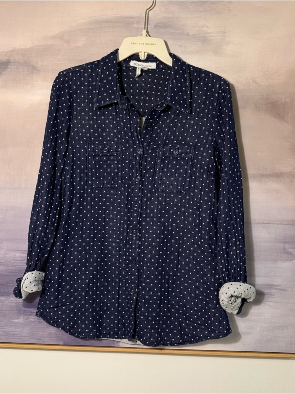 Women’s Navy Blue Polka Dot Cotton Long Sleeve Button-Up Blouse
